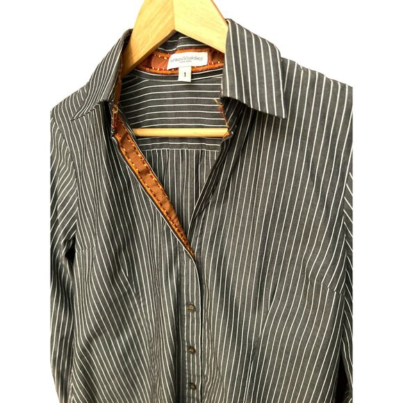 Flatiron Workshop Black Gray White Striped Button-Up Shirt Sz 1 Embroidered Trim - Picture 3 of 7